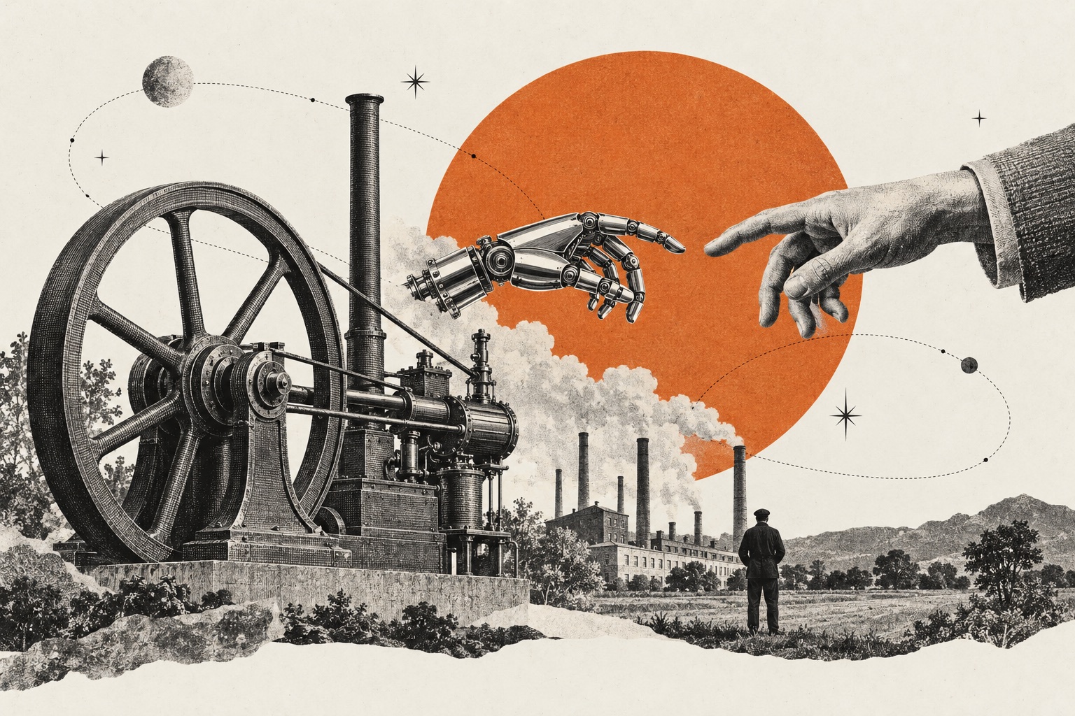 An editorial collage connecting a steam engine and factory with a human hand and robotic hand against an orange sun.