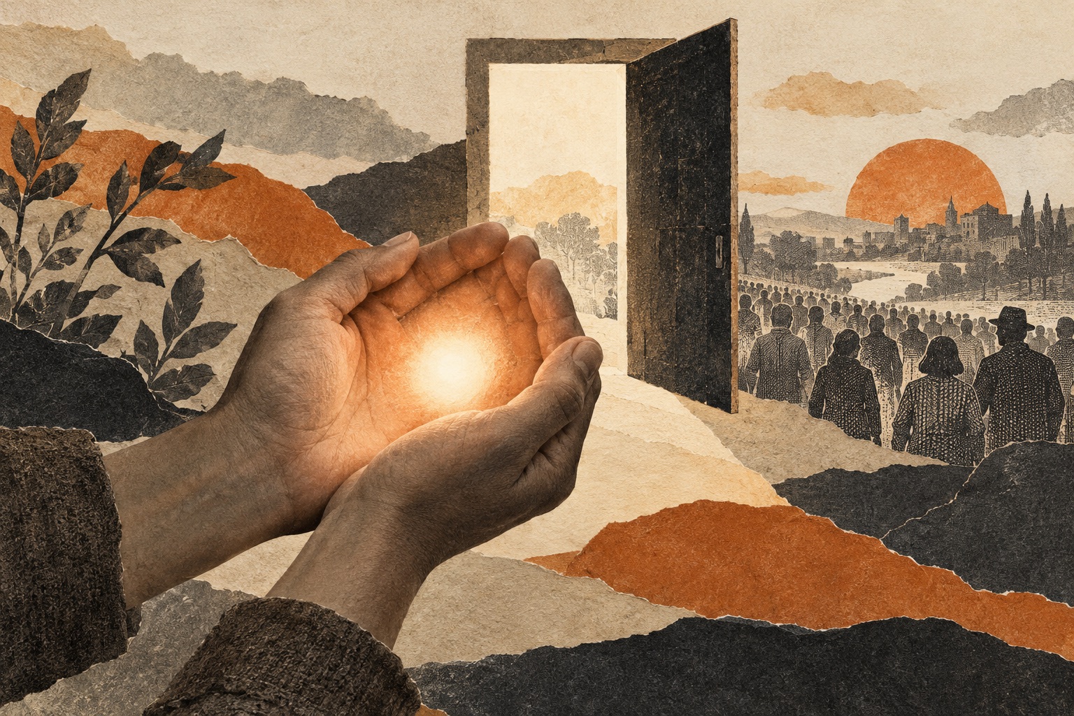 Cupped hands carrying a warm light beside an open doorway and a distant crowd.