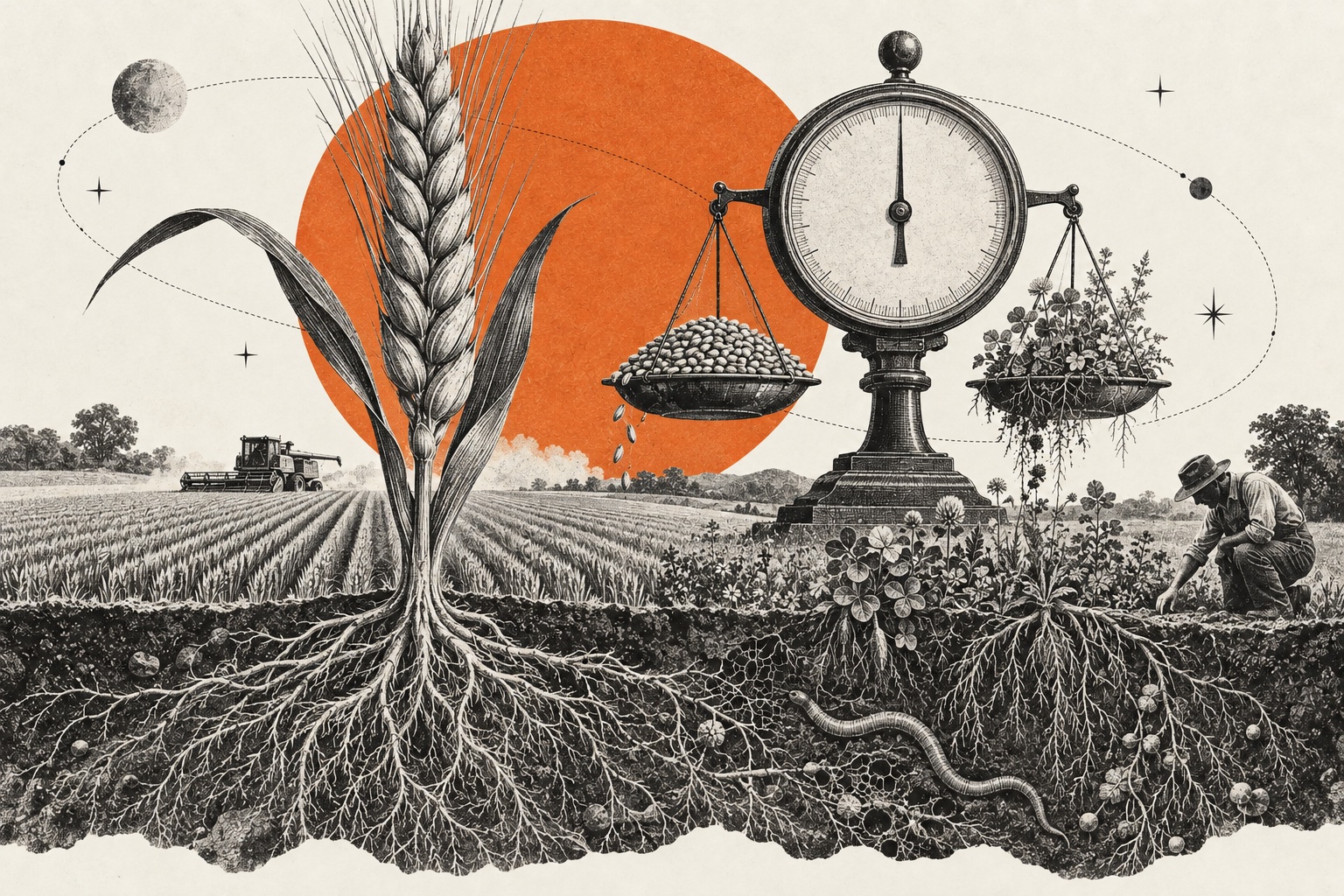 An engraved collage of roots, farmland, and a balance beneath an orange sun.