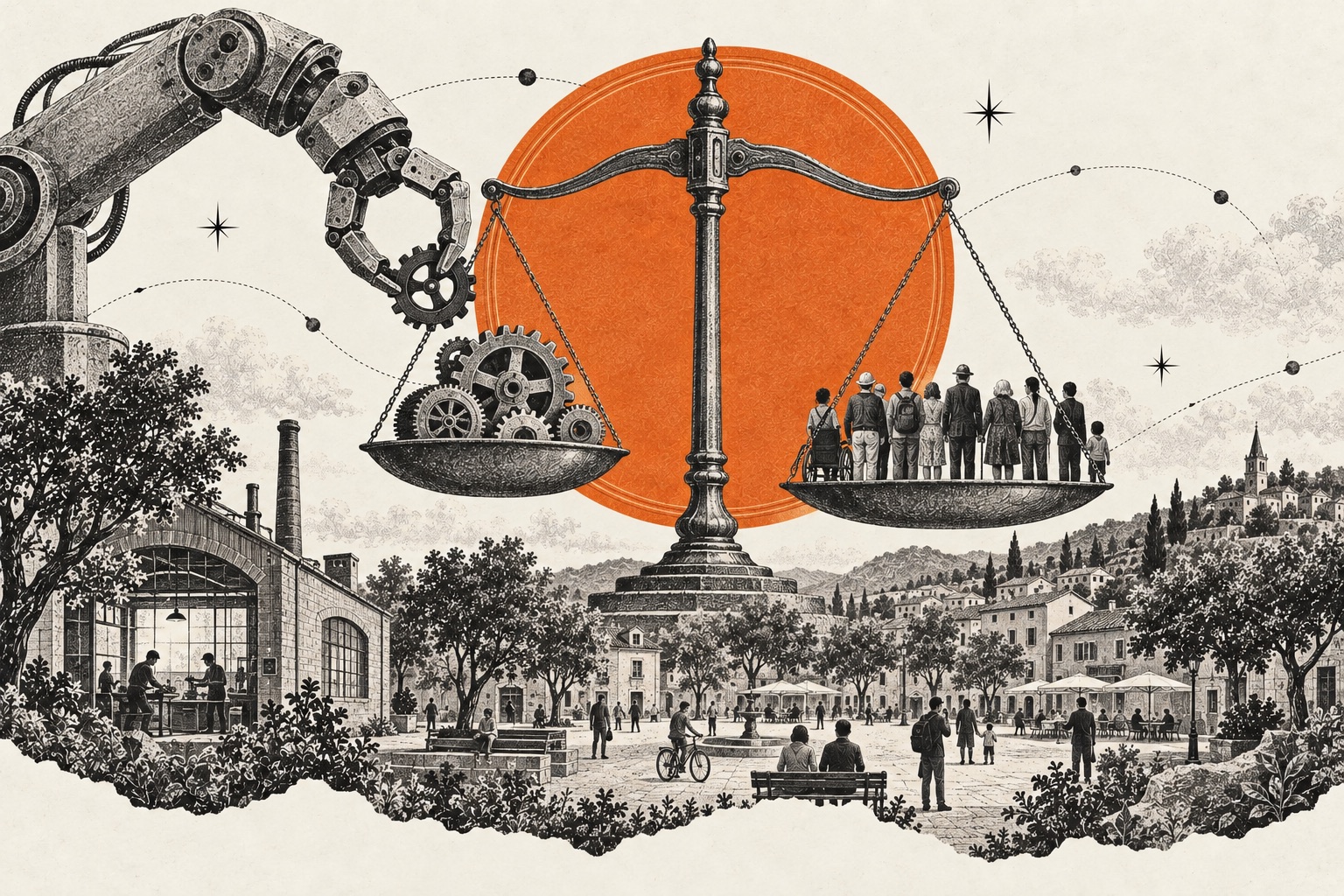 A robotic arm, gears, and a crowd balanced above a town square, against an orange disc.