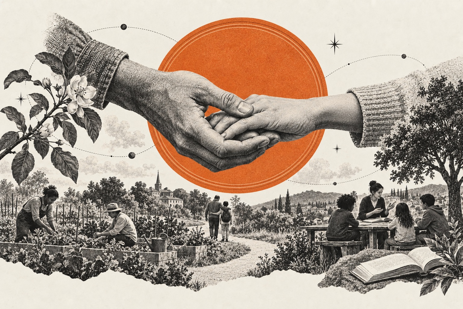 Engraved hands gently holding one another in front of an orange coin, above scenes of gardening, caregiving, and teaching.