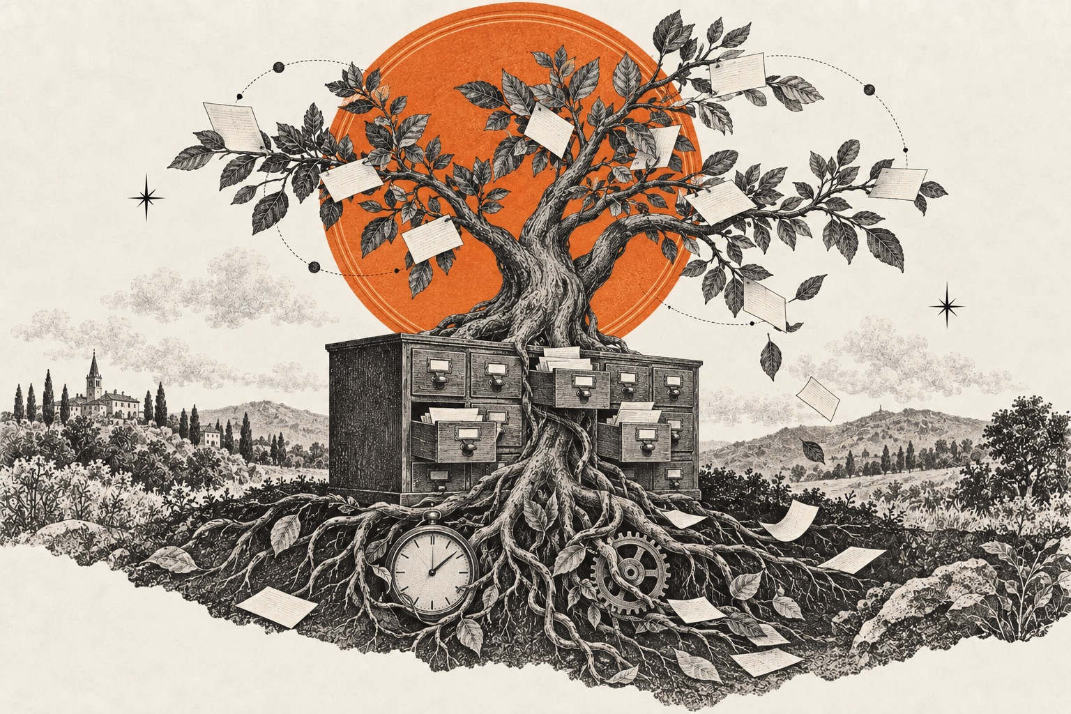 A branching tree growing through an archive cabinet, with paper cards, a clock, and gears among its roots.
